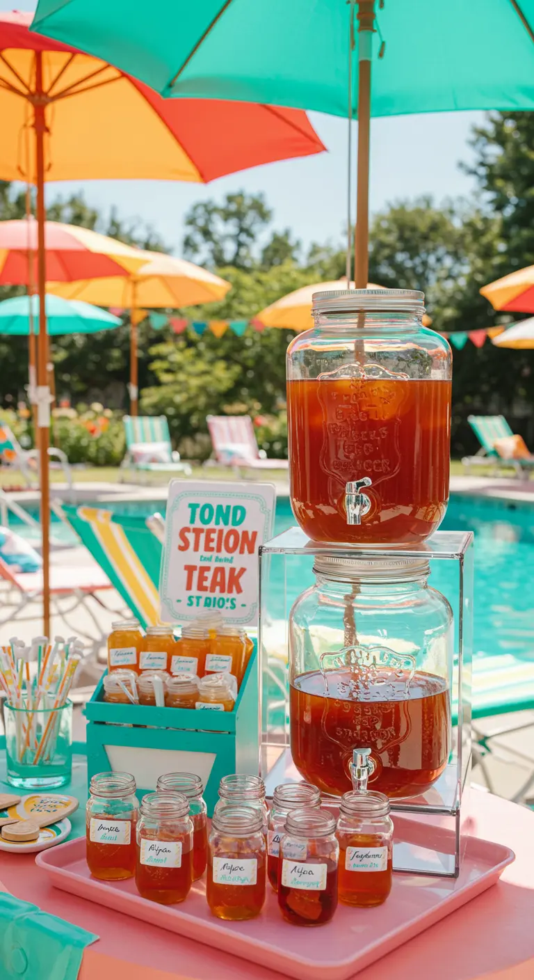 Mesa de bebidas junto a la piscina con dispensadores de té helado y tarros personalizados.