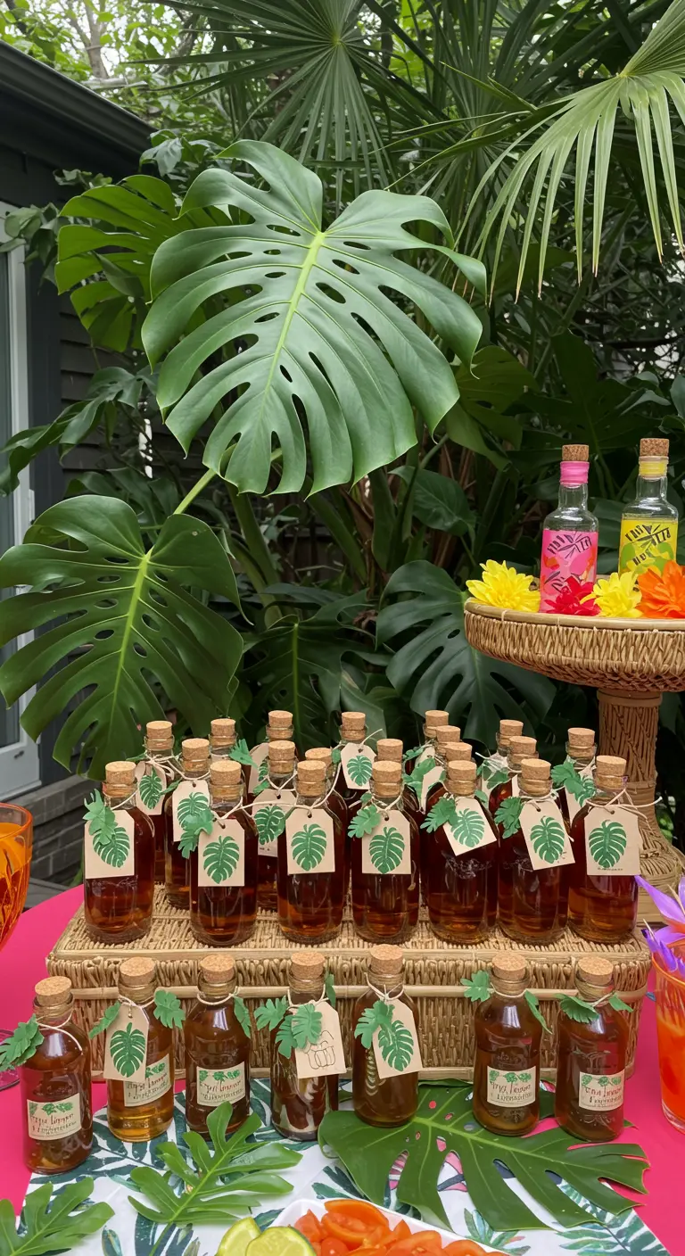 Mini botellas de licor con etiquetas de hoja de monstera en una mesa de fiesta tropical.