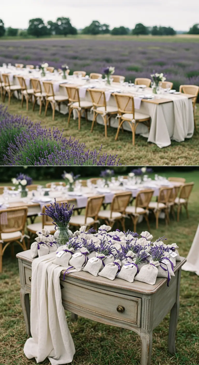 Mesa de madera envejecida con una pila de saquitos de lavanda de tela blanca atados con lazos morados.