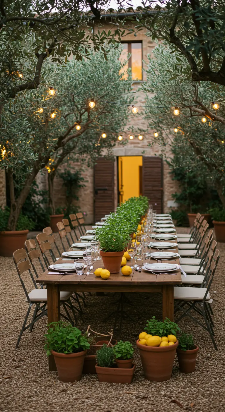 Larga mesa de madera al aire libre con macetas de hierbas como centro de mesa.