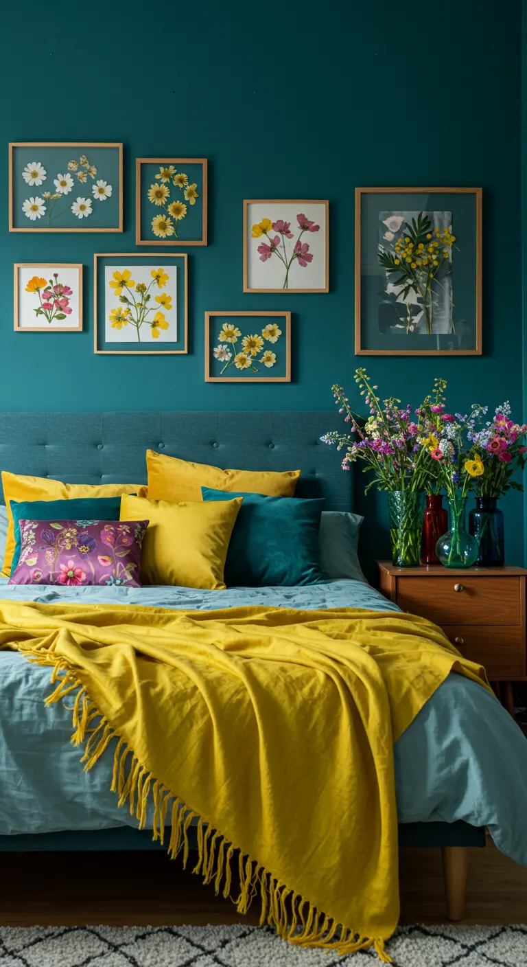 Dormitorio con pared azul verdoso, cojines amarillos y cuadros de flores prensadas.
