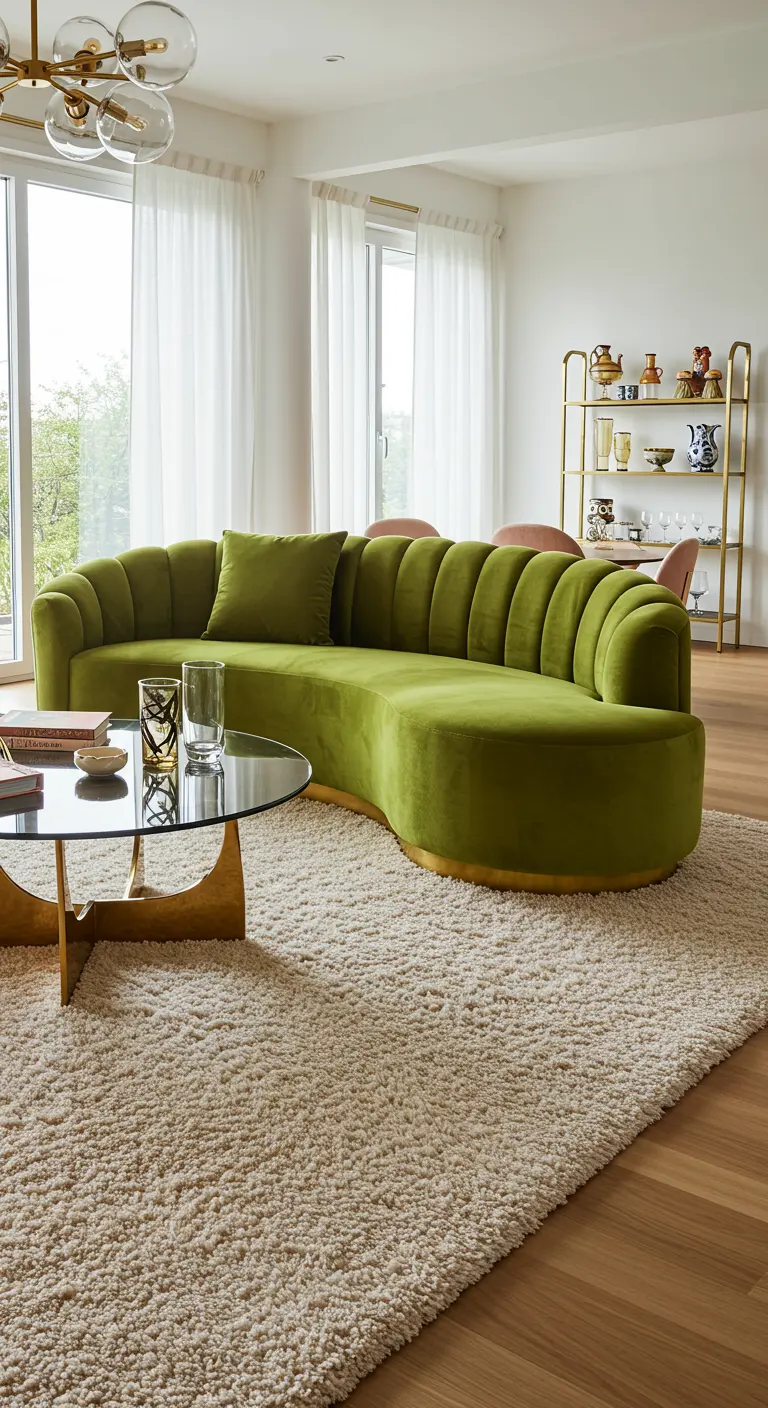 Sala moderna con sofá curvo de terciopelo verde y mesa de centro de cristal.