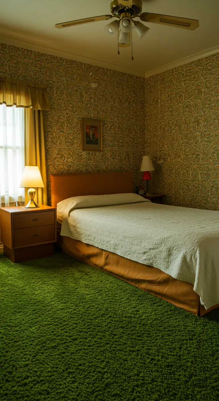 Dormitorio vintage con papel tapiz de paisley, alfombra 'shag' verde y cabecero naranja.