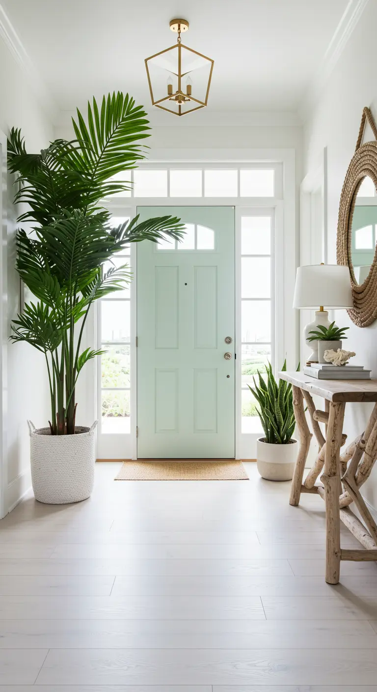 Recibidor de estilo costero con puerta verde aguamarina, palmera y detalles de mimbre.