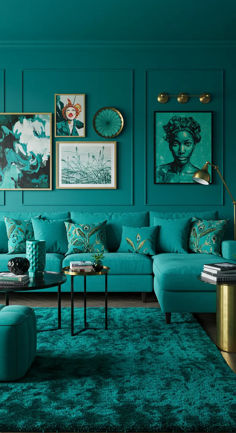Sala de estar artística en tonos verde azulado con galería de arte y acentos dorados.
