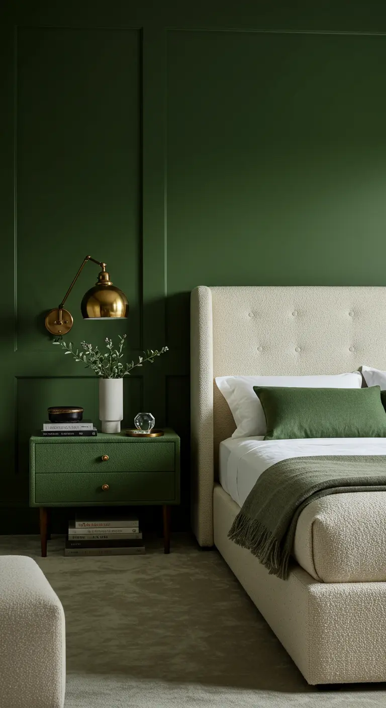 Dormitorio elegante con paredes verde oscuro, cama tapizada en beige y detalles en latón.