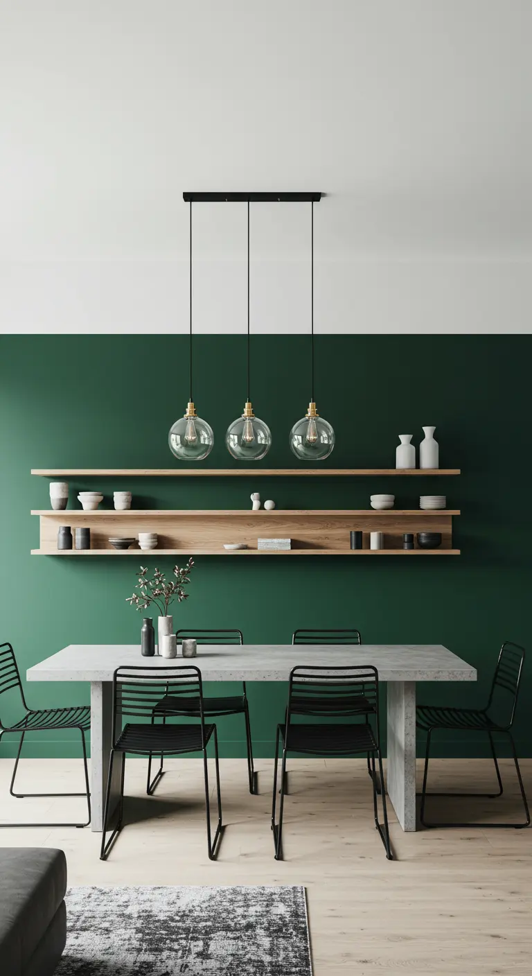 Comedor moderno con pared pintada en verde oscuro y estanterías flotantes de madera clara.