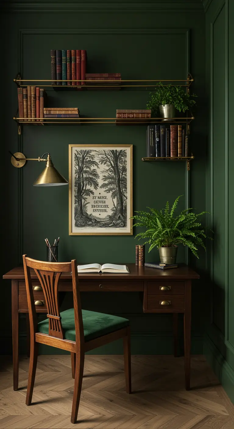 Despacho elegante en verde oscuro con estanterías doradas y silla de madera.