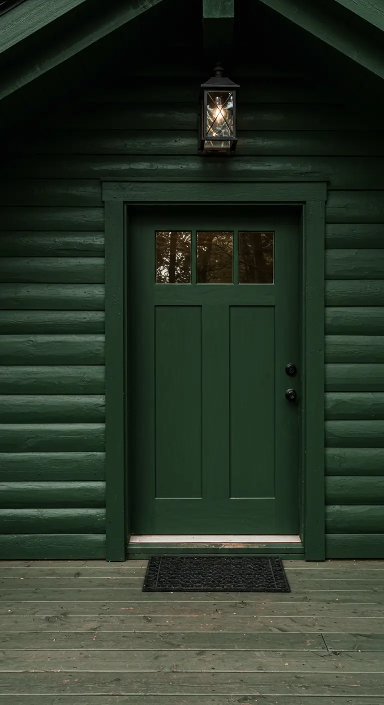 Entrada de una cabaña de madera pintada de verde bosque oscuro con un farol de estilo rústico
