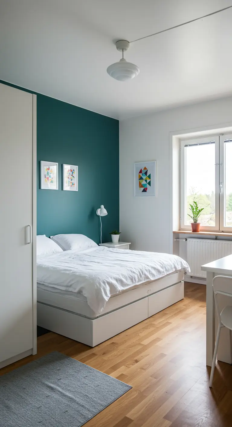 Dormitorio minimalista con una pared de acento en verde oscuro y muebles blancos.