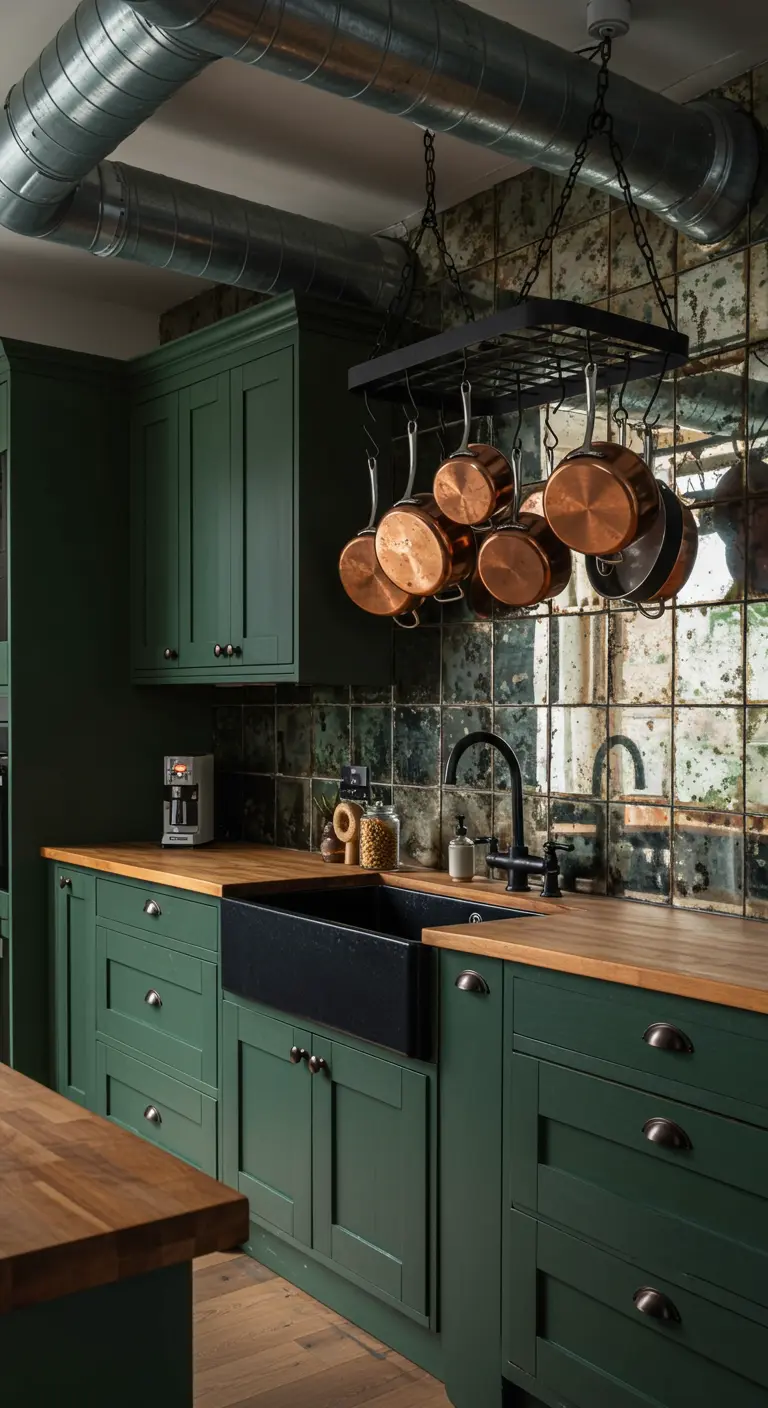 Cocina farmhouse en verde oscuro con backsplash de espejo envejecido y ollas de cobre colgadas