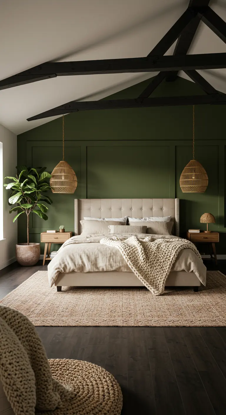 Dormitorio con pared de acento verde oliva, vigas negras, cama tapizada en beige y lámparas de ratán.