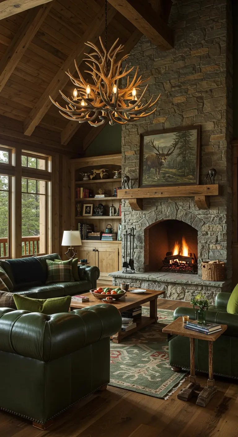 Sala de estar rústica de estilo cabaña con sofás de cuero verde y chimenea de piedra.