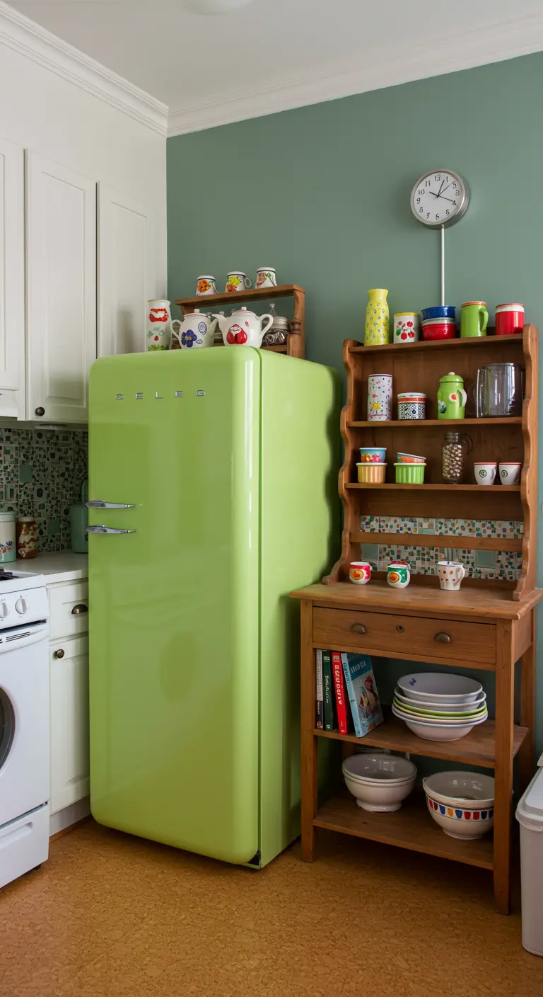 Cocina ecléctica con frigorífico retro verde lima y un aparador con vajilla de colores.