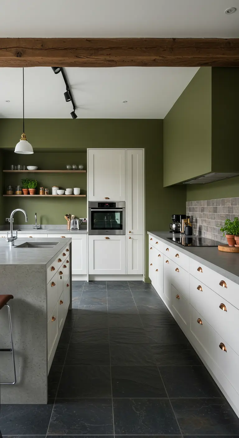 Cocina moderna con paredes verde oliva, gabinetes blancos y tiradores de cobre.
