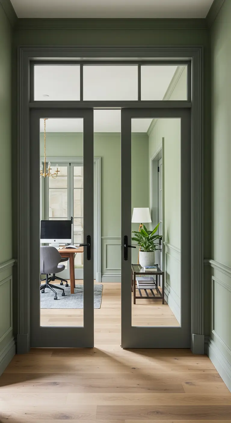 Pasillo pintado íntegramente en verde grisáceo que conduce a un despacho.