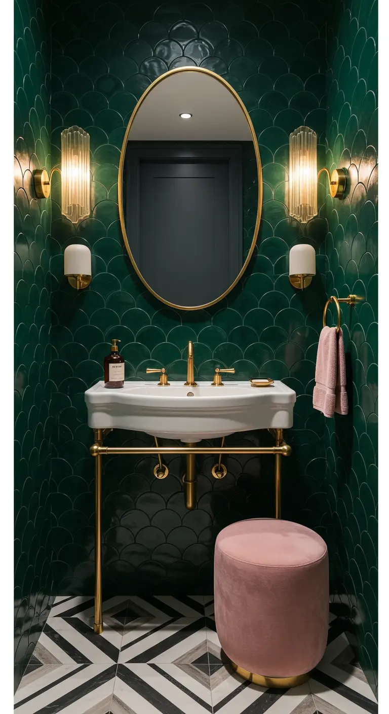 Baño de lujo con azulejos verdes, espejo ovalado con marco dorado y lavabo vintage.