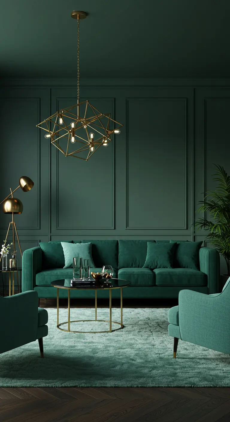 Sala de estar elegante en tonos verde esmeralda con sofá de terciopelo y acentos dorados.