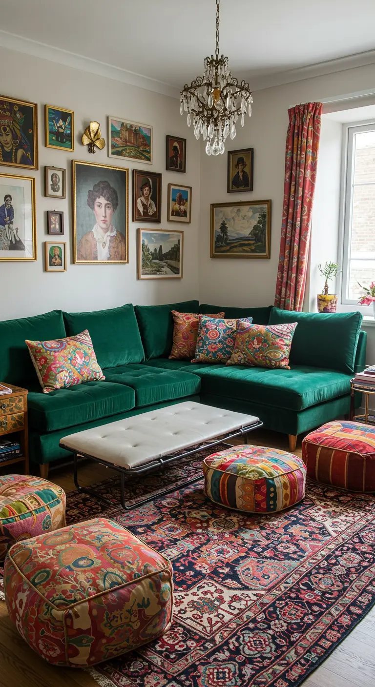 Sofá cama esquinero de terciopelo verde en un salón ecléctico con una pared llena de cuadros.