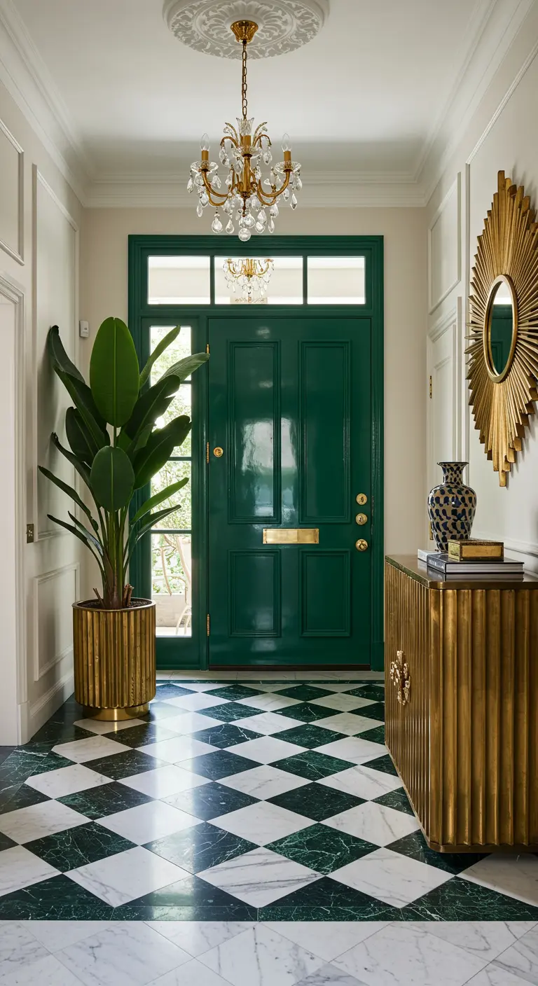 Entrada de lujo con puerta verde esmeralda brillante, detalles dorados y suelo de mármol.