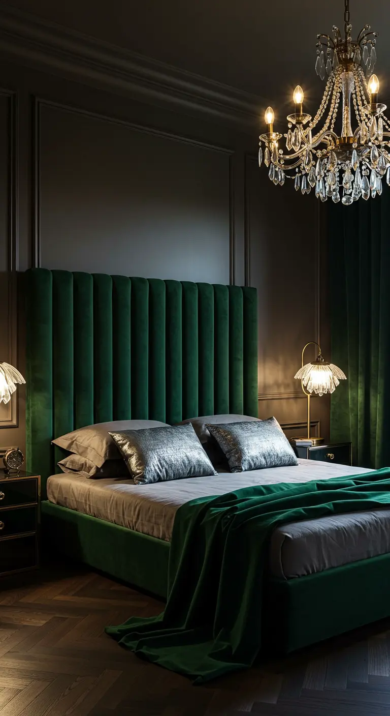 Dormitorio lujoso con una cama de terciopelo verde esmeralda, cojines plateados y lámpara de araña