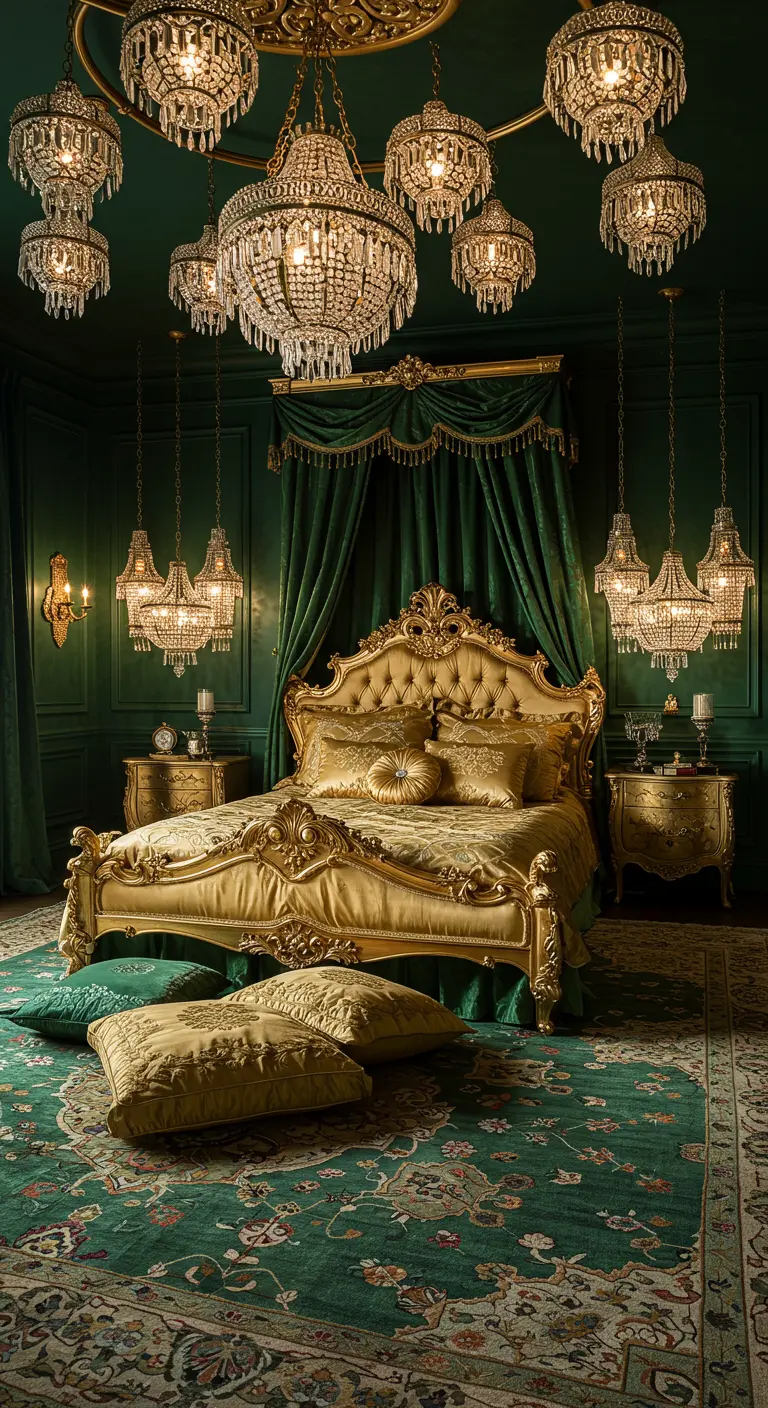 Dormitorio opulento en verde esmeralda y dorado con múltiples candelabros de cristal
