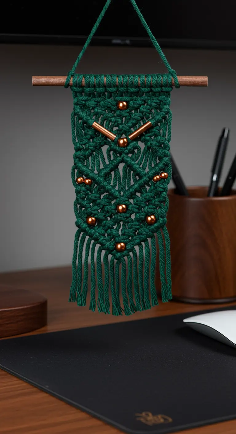 Pequeño tapiz de macramé verde oscuro con cuentas de cobre decorativas, sobre un escritorio.