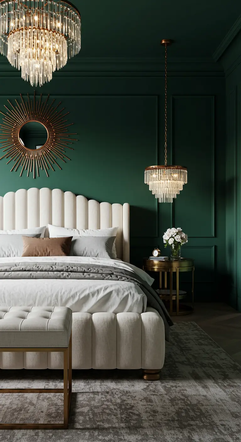Dormitorio de lujo con paredes verde esmeralda, lámparas de araña y espejo de latón.