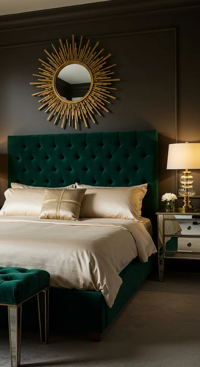 Dormitorio glamuroso con cabecero de terciopelo verde, espejo sol dorado y paredes oscuras.
