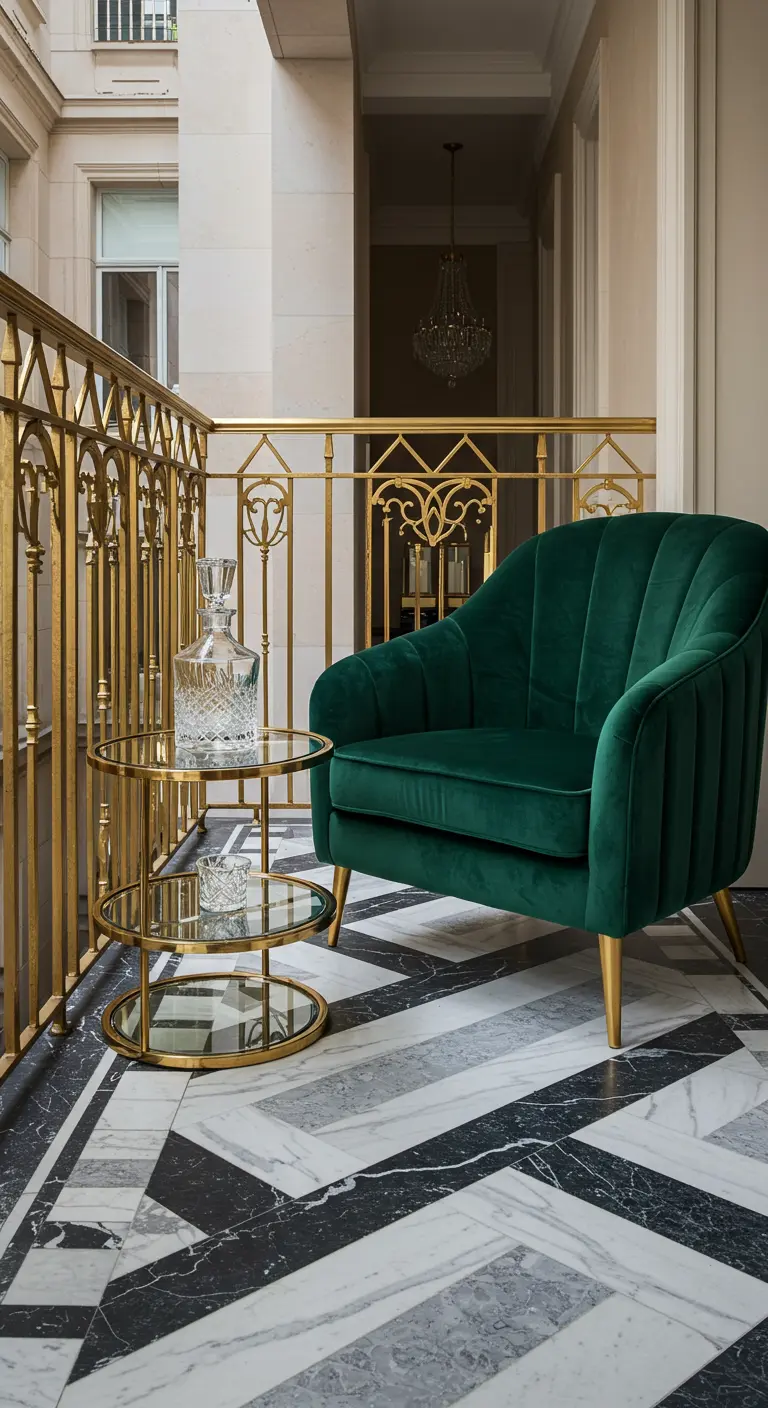 Balcón elegante con suelo de mármol geométrico, barandilla dorada y un sillón de terciopelo verde.
