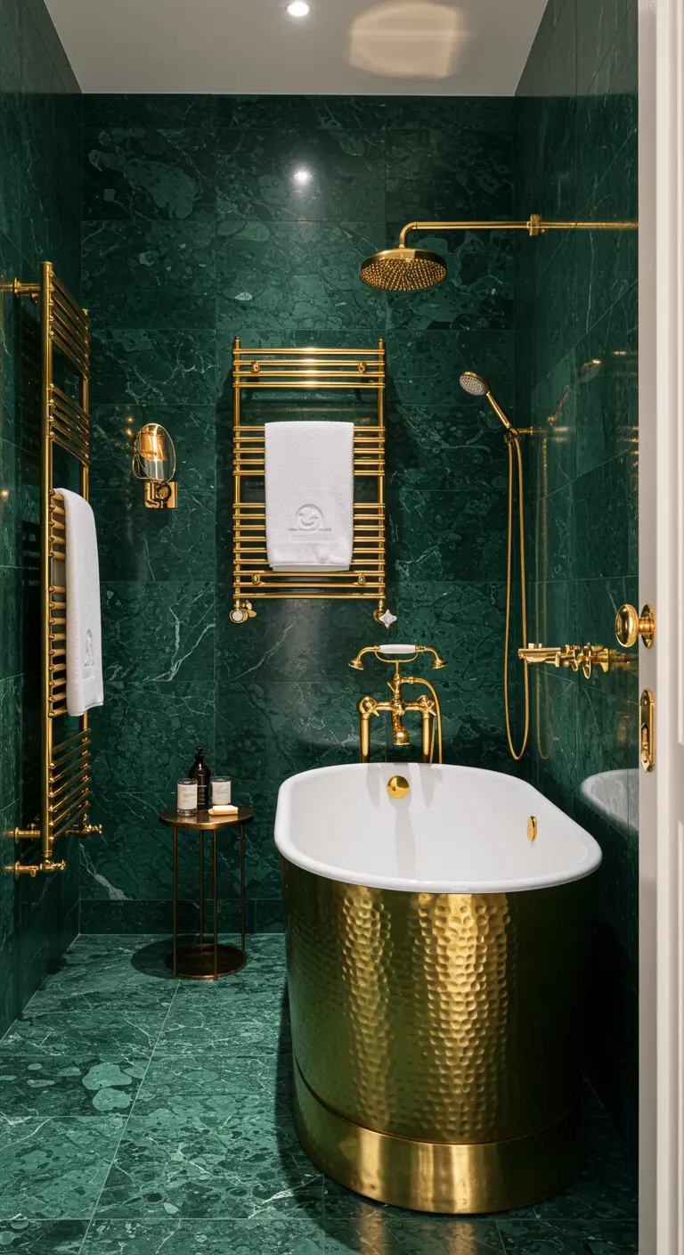 Baño opulento con paredes de mármol verde, bañera exenta de metal dorado martillado y toalleros dorados.