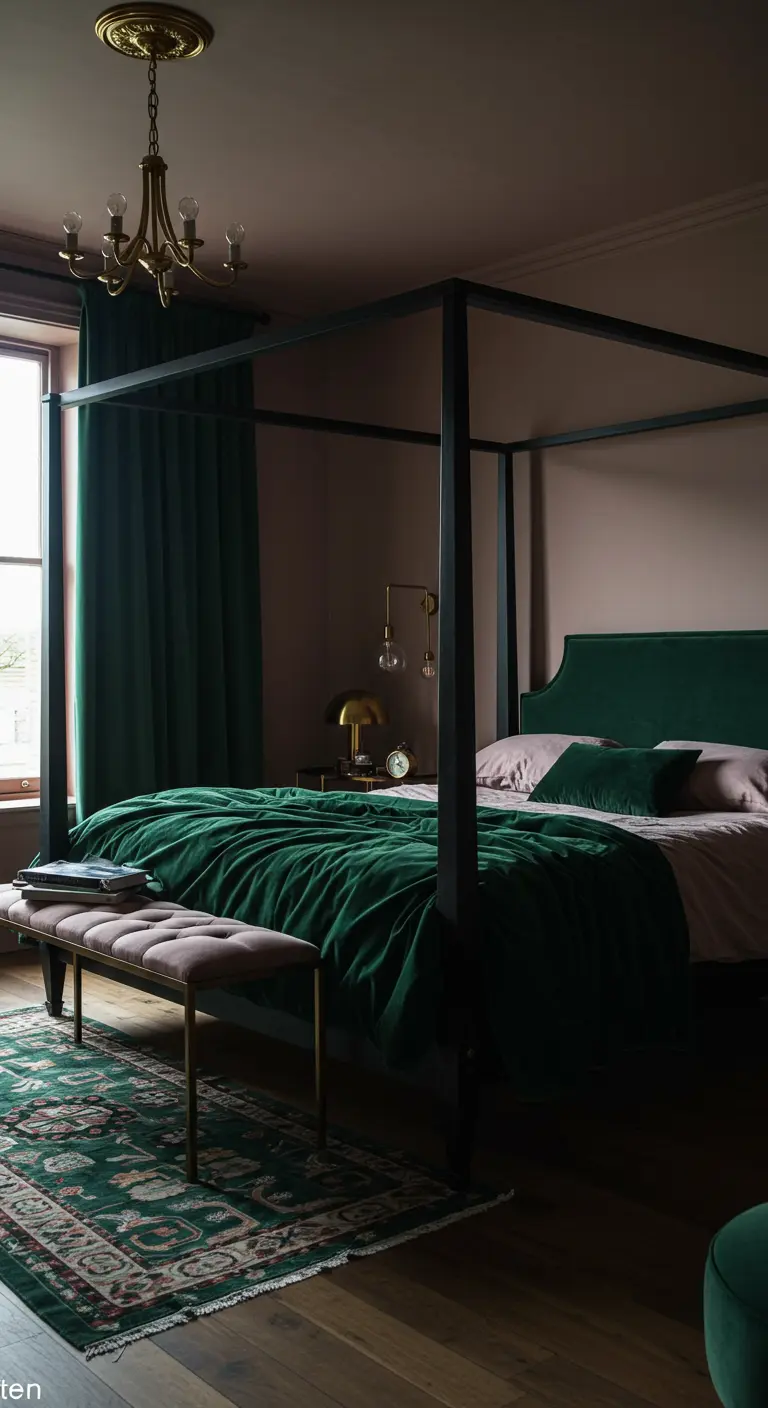 Dormitorio con cama con dosel, ropa de cama de terciopelo verde esmeralda y paredes rosa pálido.