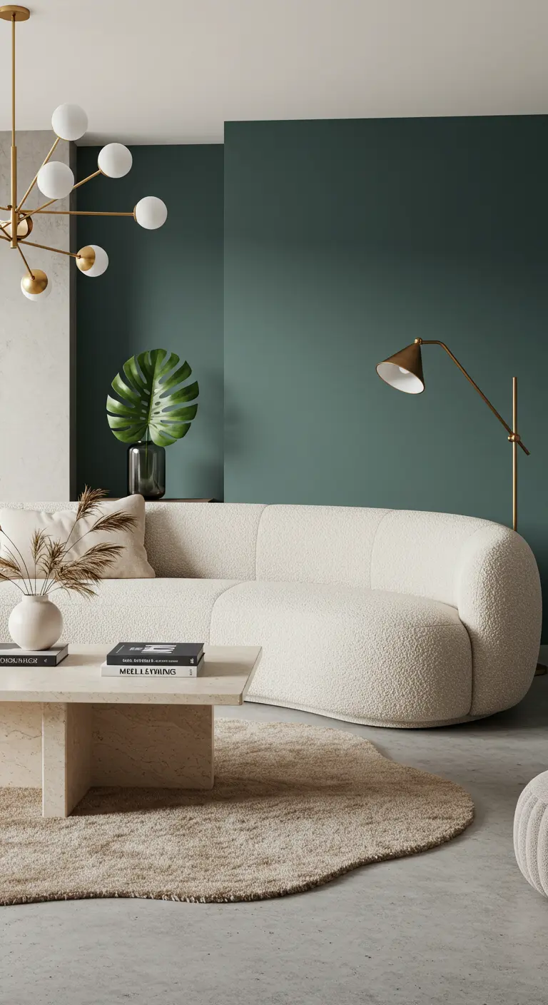 Salón con pared de acento verde salvia, sofá curvo de bouclé y lámpara de pie de latón.