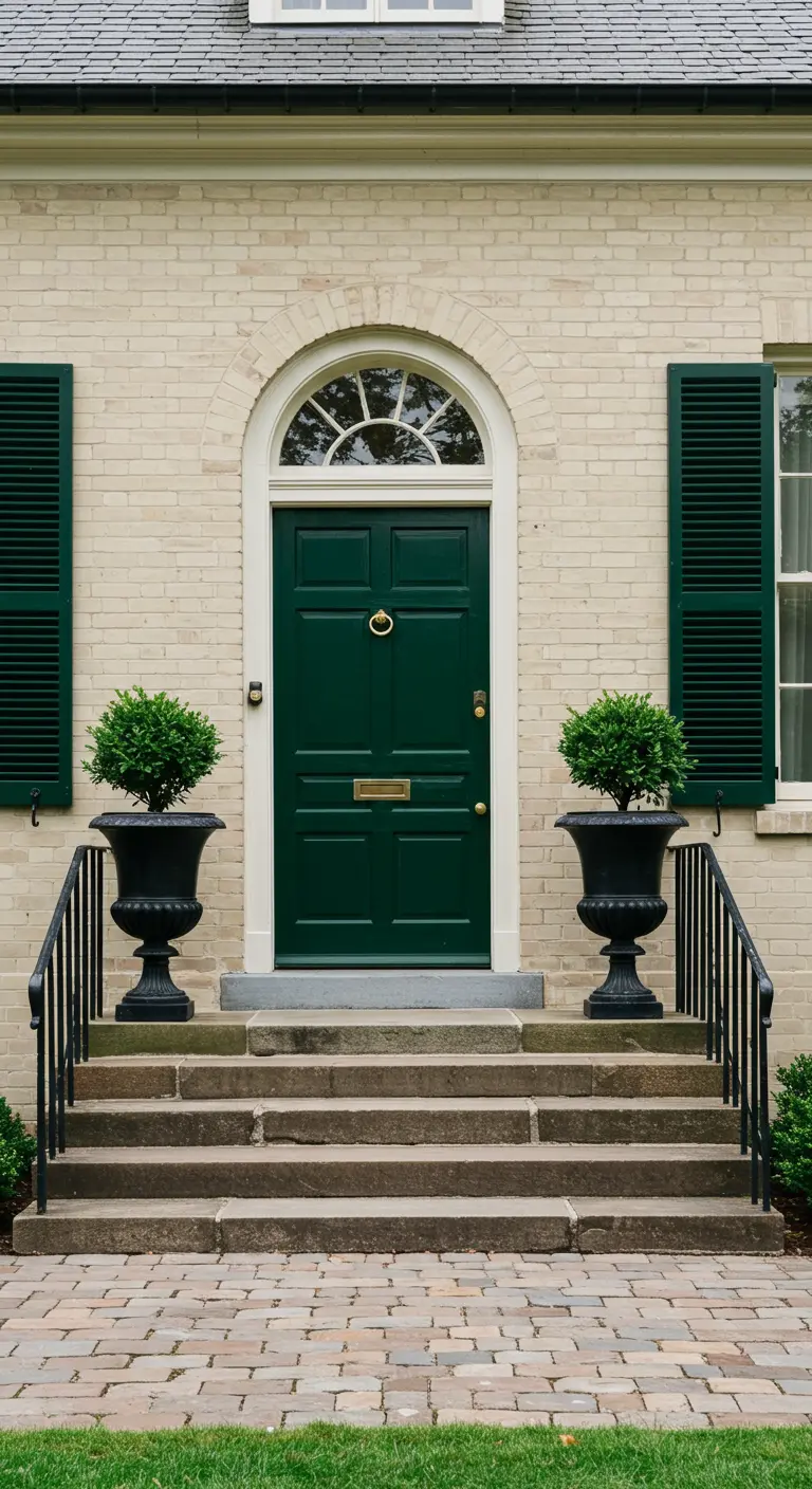 Entrada clásica con puerta y contraventanas en verde oscuro, sobre fachada de ladrillo color crema