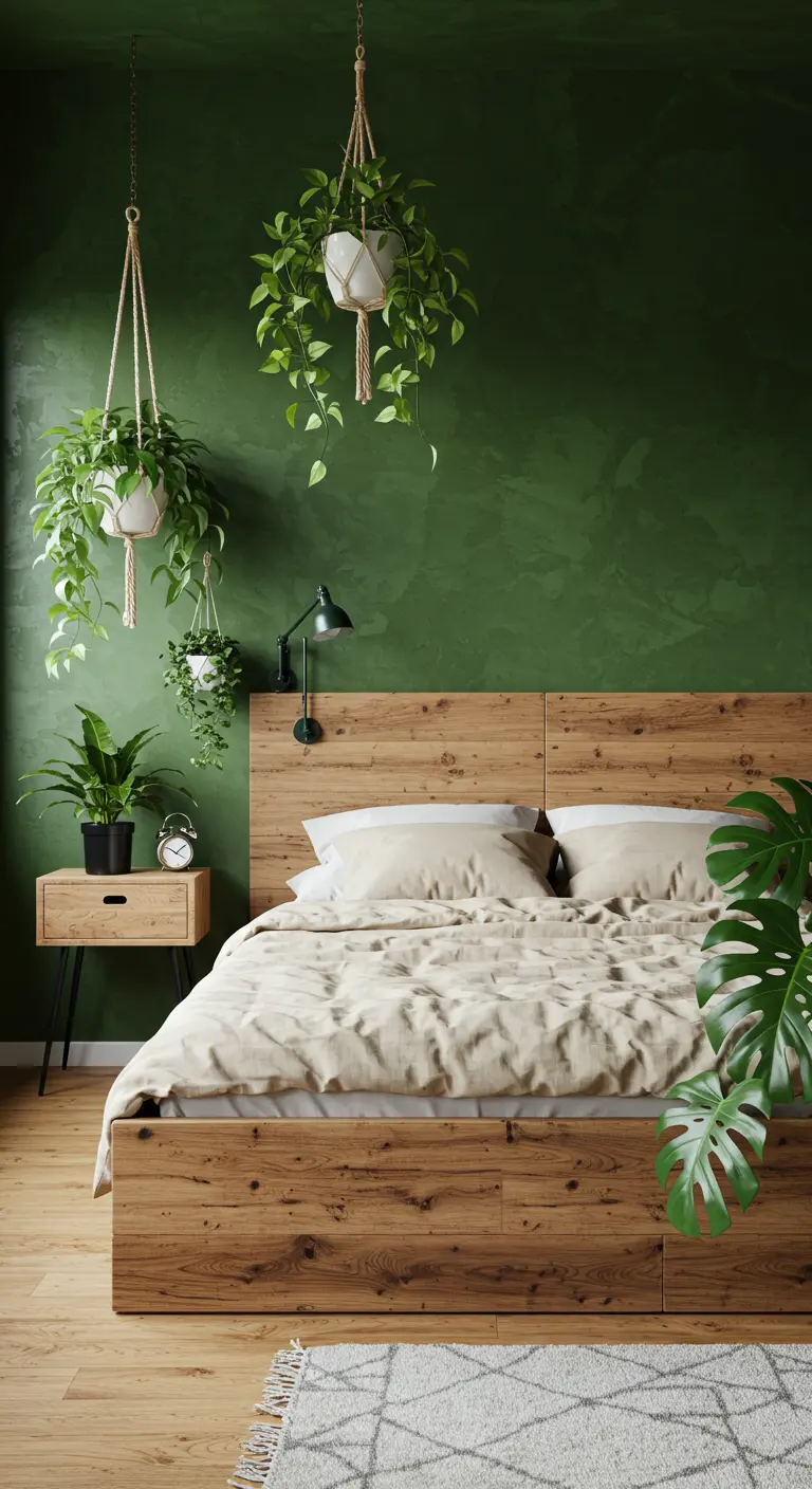 Dormitorio con pared verde texturizada, cama de madera y abundantes plantas colgantes.