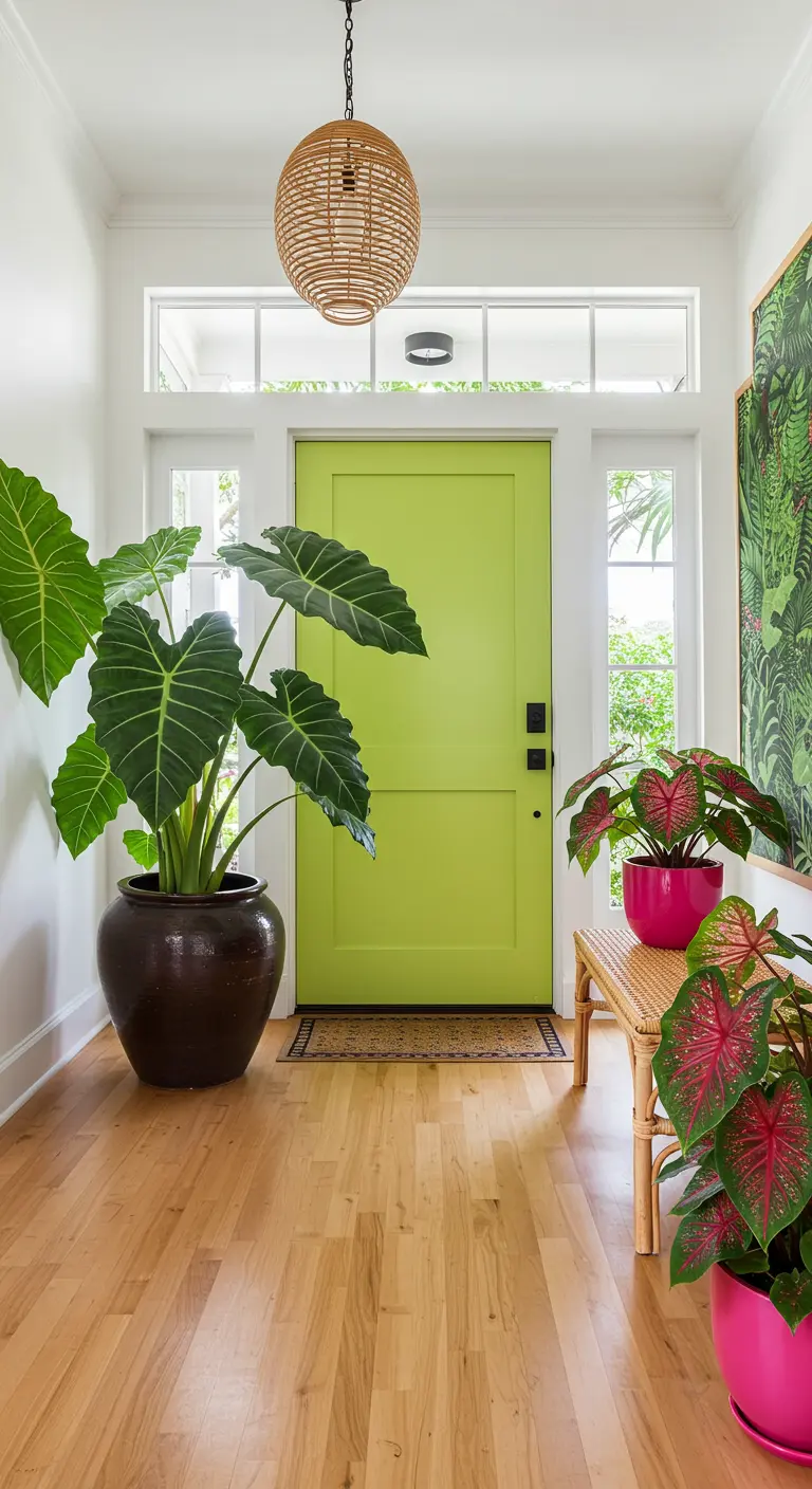 Recibidor tropical con puerta verde lima, plantas de hojas grandes y macetas fucsias.