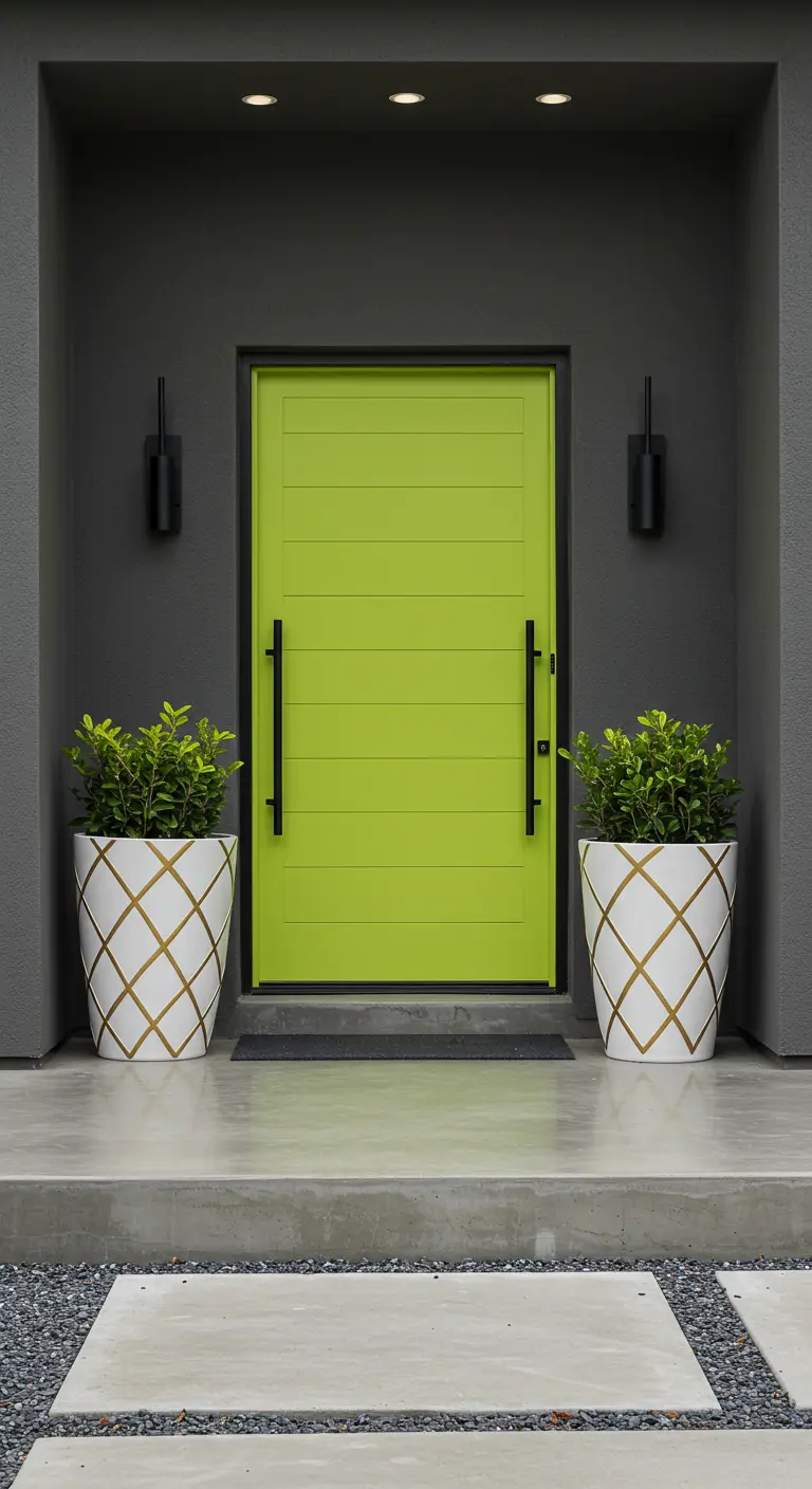 Puerta moderna de color verde lima en una casa gris oscuro con macetas geométricas