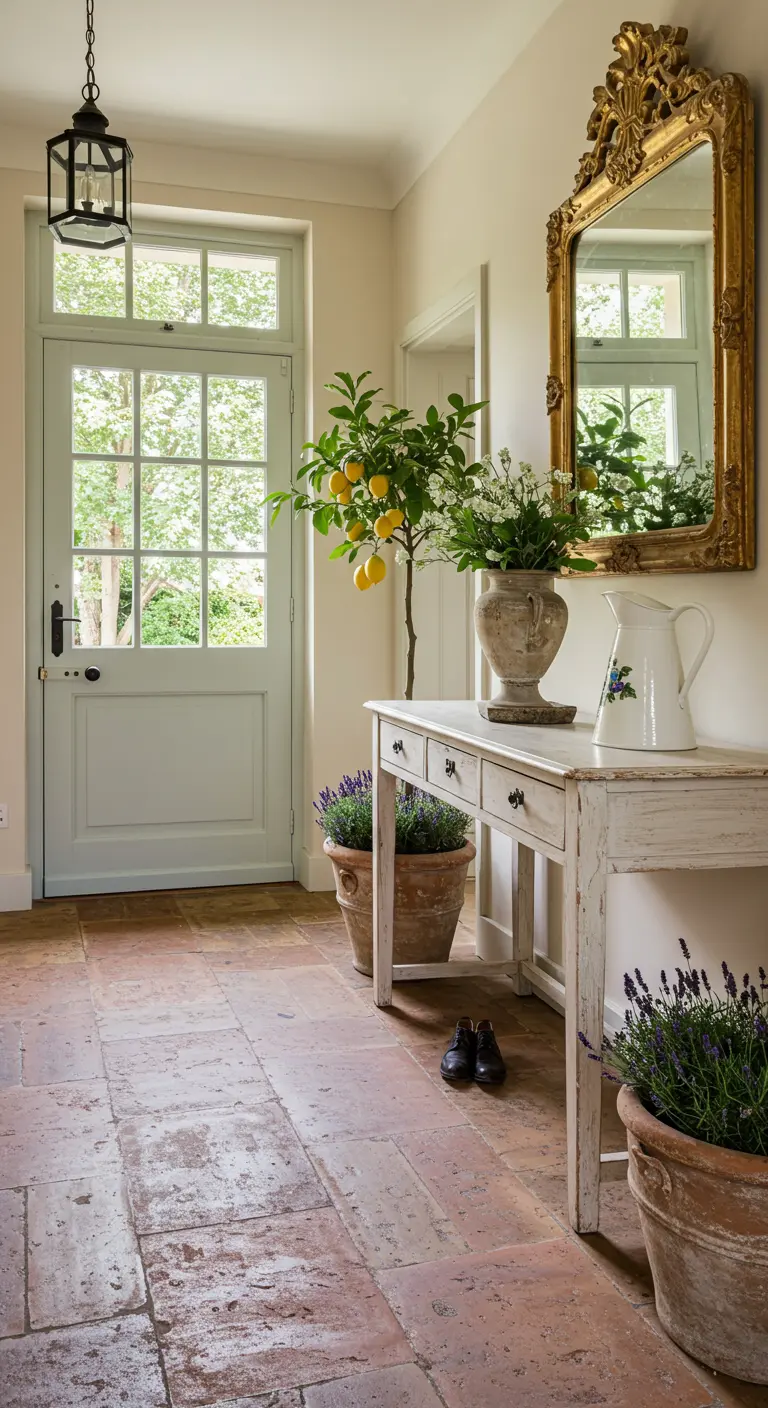 Recibidor de estilo provenzal con puerta de cristal verde menta y un limonero.