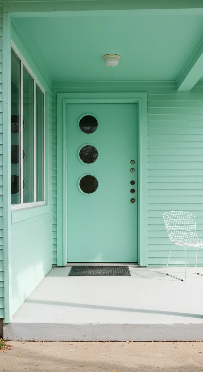 Porche minimalista en verde menta con una puerta con tres ojos de buey y una silla de rejilla blanca