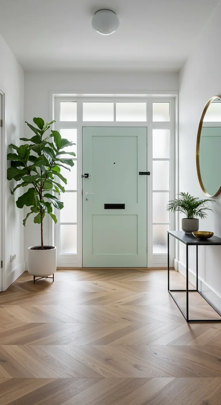Recibidor luminoso con puerta verde menta, planta alta y espejo redondo dorado.