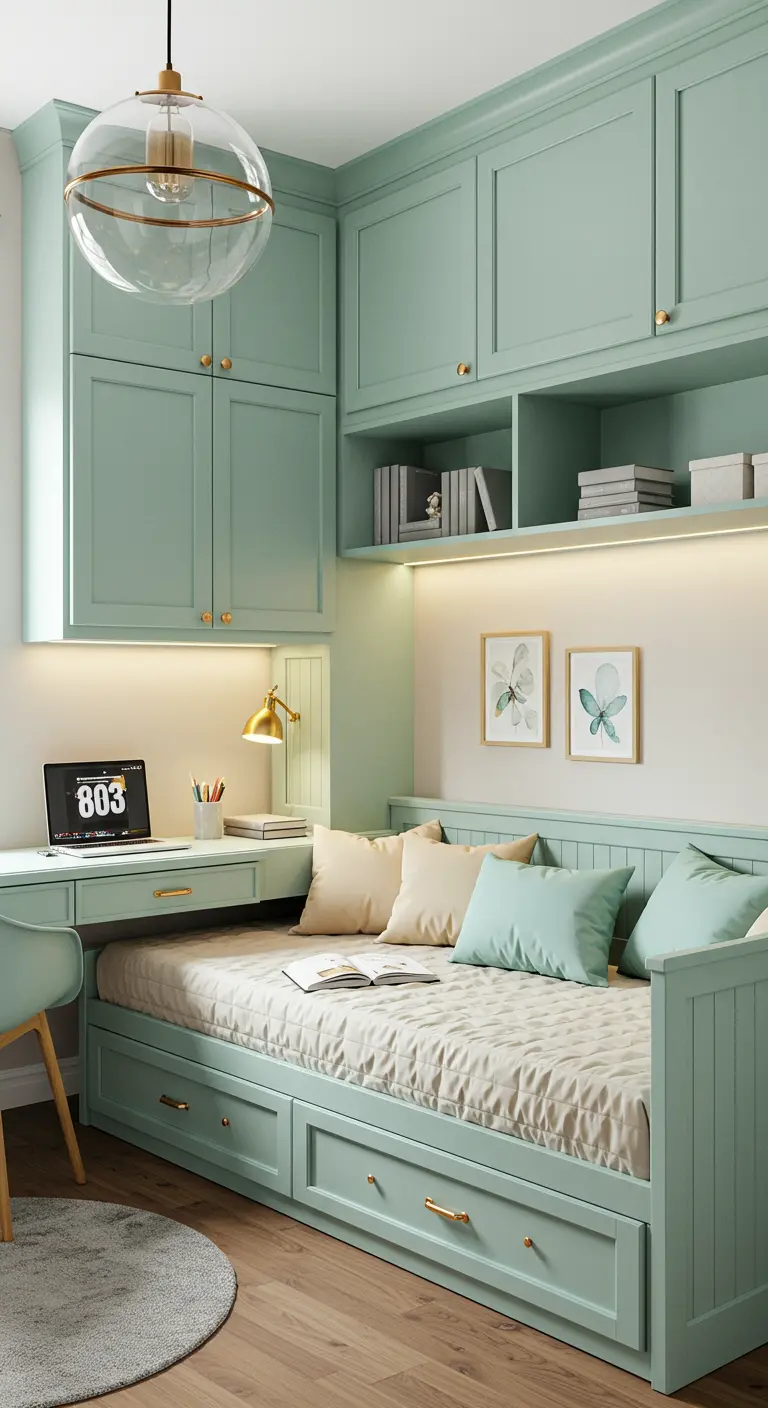 Dormitorio compacto con muebles a medida en verde menta que integran cama, escritorio y almacenaje.