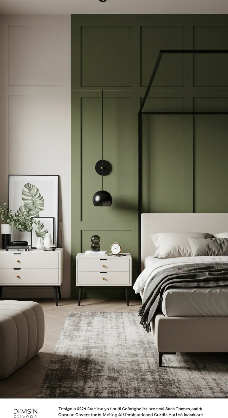 Dormitorio moderno con pared panelada en verde militar, cama beige y cama con dosel negra.