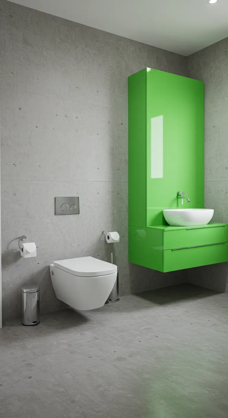 Baño minimalista de hormigón con un mueble de almacenaje alto en verde neón.