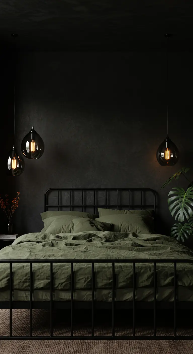 Dormitorio oscuro con paredes negras, cama de metal y ropa de cama verde oliva.