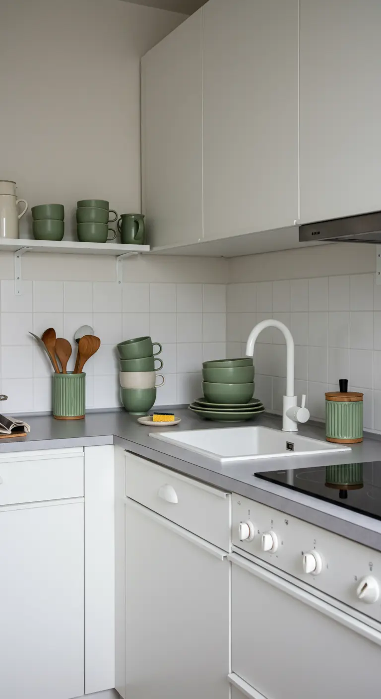 Rincón de una cocina blanca con un conjunto de cerámica funcional en verde oliva.