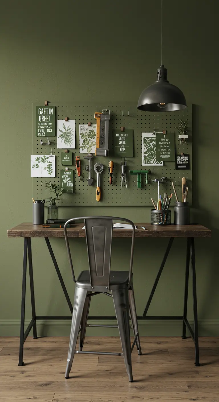 Zona de trabajo industrial en verde oliva con tablero perforado y silla metálica.