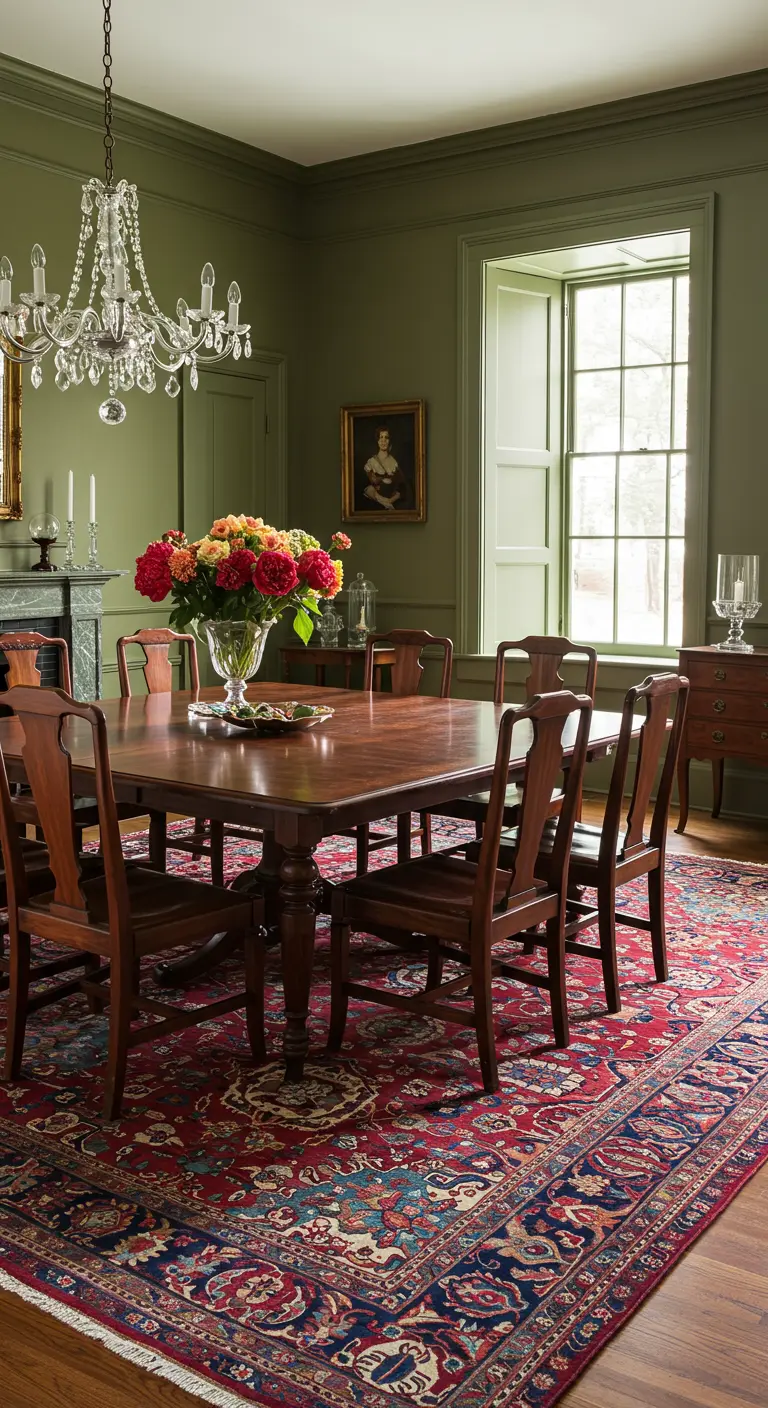 Comedor elegante con paredes verde oliva, mesa de madera oscura y una gran alfombra persa.