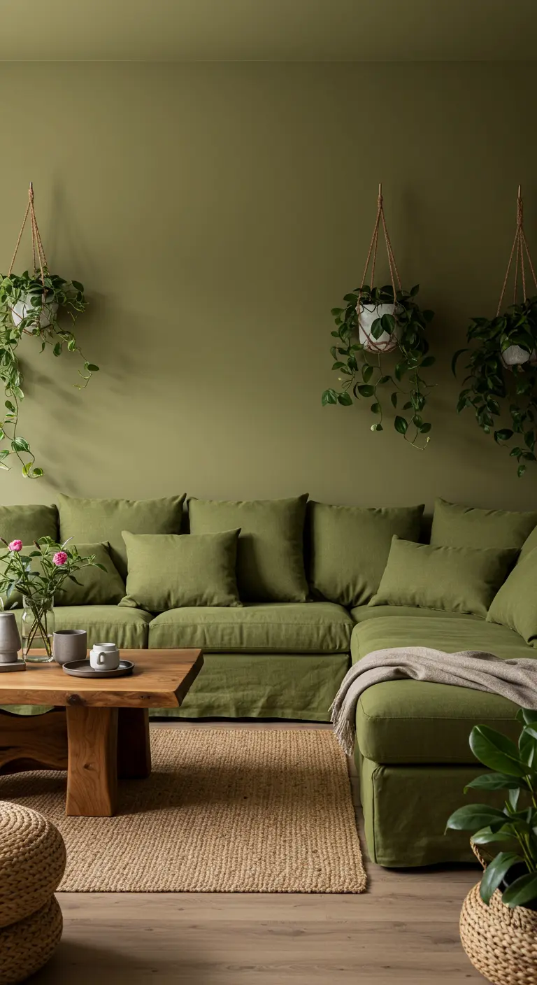 Sala de estar natural en verde oliva con un gran sofá seccional y muchas plantas colgantes.