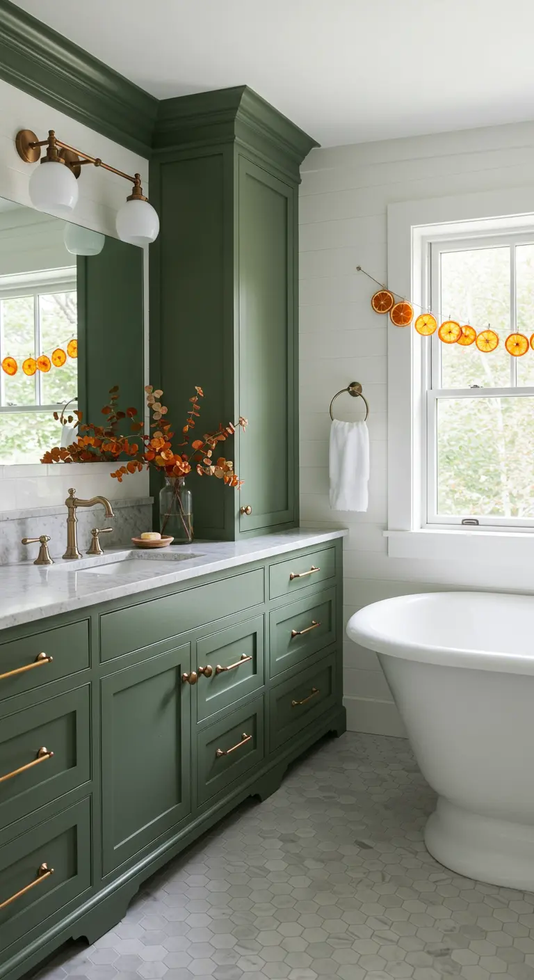 Baño con muebles verde oliva y una guirnalda de rodajas de naranja seca en la ventana.