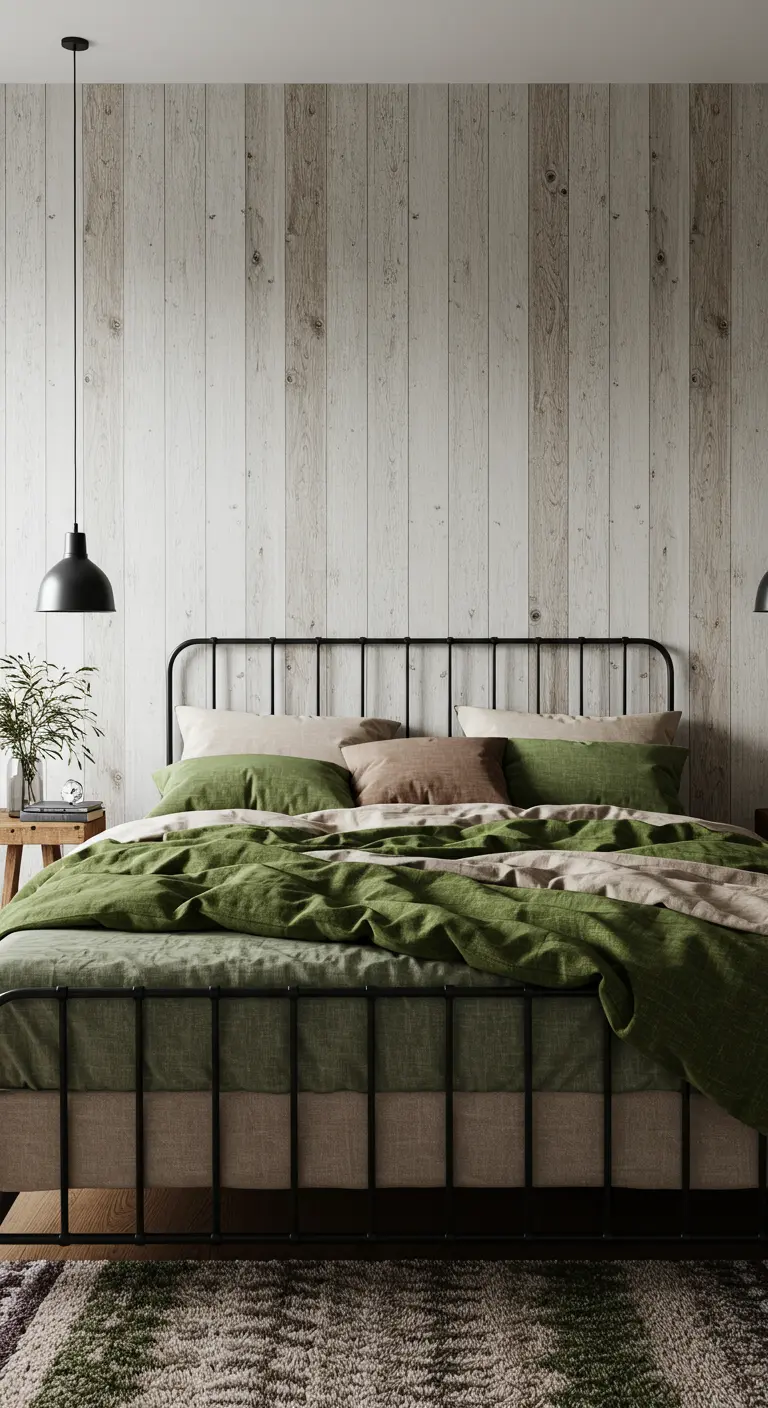 Dormitorio con cama de estructura metálica negra y ropa de cama en color verde olivo